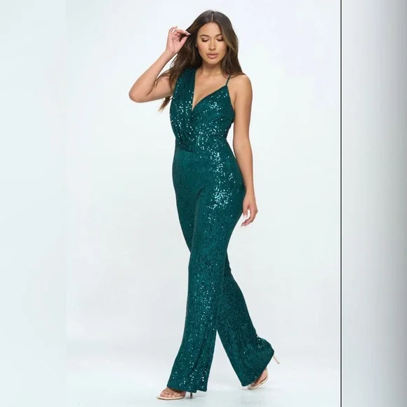 Ricarica Emerald Green Sleeveless Sequin Jumpsuit - Picture 2 of 5